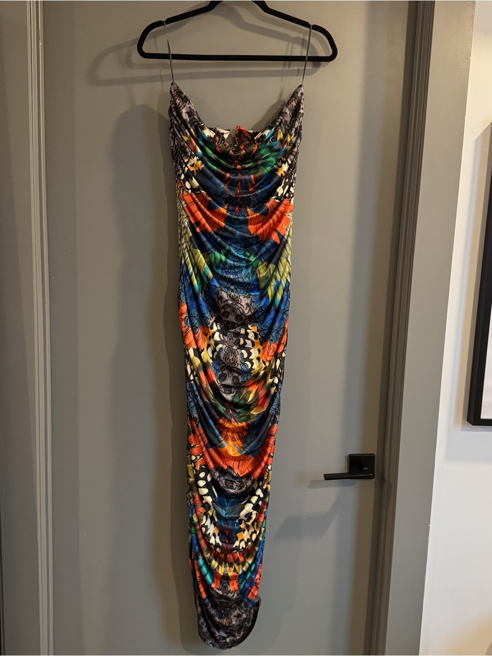 AFRM Alisha Ruched Cutout Strapless Maxi Dress in Fall Feather
